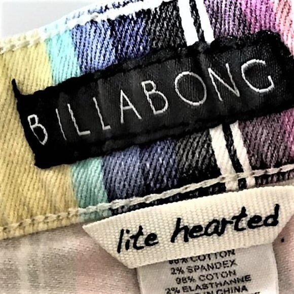 BILLABONG RAINBOW STRIPE LACE UP RAW HEM CUT OFF JEAN SHORTS - Picture 5 of 12